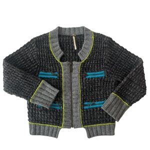Free People cropped wool knit full zip cardigan with neon accents Sz Small